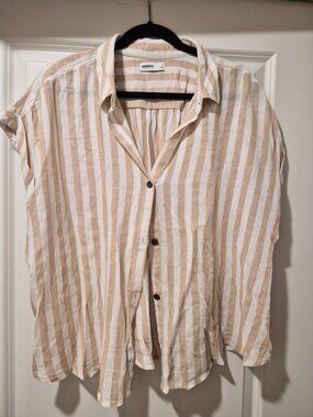 Beige & White Striped Button Front Blouse